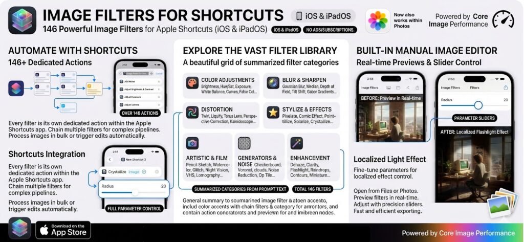 The promo image for Image Filters for Shortcuts 1.1 (iOS)